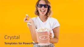  Presentation with popcorn movie - Beautiful PPT layouts featuring image of positive blond woman in 3d glasses holding popcorn bucket while watching movie isolated over yellow background backdrop and a gold colored foreground
