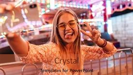  Presentation with amusement park - Slide set with image of positive cute woman walking outdoors in amusement park take selfie by mobile phone showing peace and tongue background and a red colored foreground