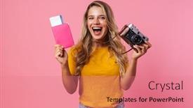  Presentation with passport - Theme featuring image-of-positive-happy-woman background and a coral colored foreground