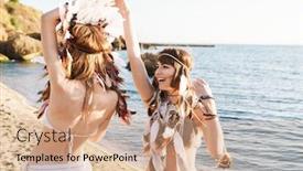  Presentation with holding hands family walking - Slide set consisting of image of positive hippy girls in swimsuits holding hands and walking by seaside in morning background and a coral colored foreground