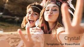  Presentation with feather - Beautiful slide deck featuring image of positive hippy girls in feather headdress showing peace fingers and sitting by seaside in morning backdrop and a coral colored foreground