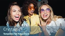  Presentation with girls night - Colorful PPT layouts enhanced with image of positive multinational girls in streetwear smiling and holding skateboards at night walk outdoors backdrop and a ocean colored foreground