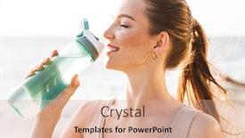  Presentation with water sports - Cool new theme with image of positive smiling young sports woman outdoors on beach drinking water backdrop and a coral colored foreground