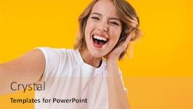  Presentation with basic - Slide deck with image of pretty blond woman in basic t-shirt smiling and taking selfie photo isolated over yellow background background and a yellow colored foreground