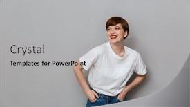 Presentation with gray - Cool new PPT theme with image of pretty brunette woman wearing casual t-shirt smiling at camera isolated over gray background backdrop and a light gray colored foreground