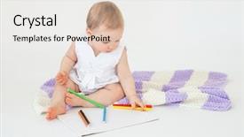  Presentation with baby sitting - PPT layouts enhanced with image of pretty little baby girl sitting on floor with plaid and markers isolated over white background looking aside background and a sky blue colored foreground