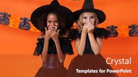  Presentation with black girls - Slide deck enhanced with image of pretty multinational girls in black halloween costumes laughing and covering their mouths isolated over orange pumpkin wall background and a tawny brown colored foreground