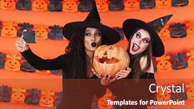 Presentation with black women - Slide set with image of pretty witch women in black halloween costume taking selfie photo on cellphone with pumpkin isolated over orange wall background and a tawny brown colored foreground