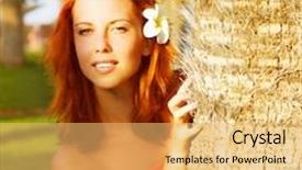  Presentation with luxury resort nature - Colorful PPT theme enhanced with image of pretty woman look out from behind a palm tree closeup portrait of cute girl with frangipani flower in red hair beautiful tropical nature luxury spa resort holiday and vacation concept backdrop and a yellow colored foreground