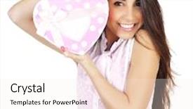  Presentation with romantic gift - Beautiful theme featuring image of pretty woman with pink present box isolated on white background attractive female holding in hands gift heart-shaped valentine day romantic holiday love concept backdrop and a sky blue colored foreground