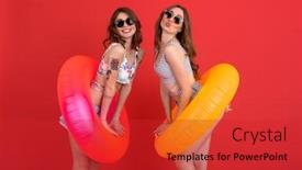  Presentation with rubber - Slide deck with image of pretty young ladies dressed in swimwear with rubber rings posing isolated over red background looking camera background and a red colored foreground