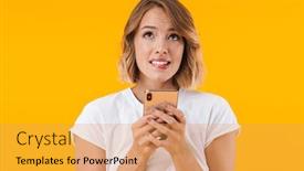  Presentation with basic - Amazing slide deck having image of puzzled blond woman in basic t-shirt looking upward and holding cellphone isolated over yellow background backdrop and a yellow colored foreground