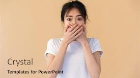  Presentation with basic - Presentation design having image of quiet chinese woman wearing basic t-shirt covering her mouth with hands isolated over beige background in studio background and a lemonade colored foreground