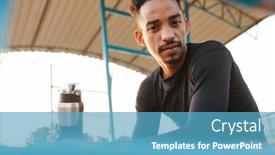  Presentation with water sports - Presentation design with image of relaxed african american man holding water bottle while sitting at sports stadium outdoors background and a teal colored foreground