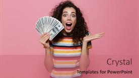  Presentation with rich - Beautiful PPT theme featuring image of rich woman 20s with curly hair holding fan of dollar money isolated over pink background backdrop and a coral colored foreground