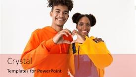  Presentation with american heart - PPT theme having image of romantic african american couple in colorful clothes showing together heart shape with fingers isolated over white background background and a red colored foreground