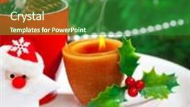  Presentation with romantic christmas - Slides consisting of image of romantic christmastime dinner with warm candle light red coffee cup decorated with santa claus star and fir cone beautiful white dinnerware on christmas tree background new year party background and a forest green colored foreground