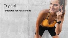  Presentation with woman runner - Cool new slides with image of runner woman smiling and touching earpods while standing over concrete wall outdoors backdrop and a light gray colored foreground