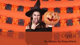  Presentation with black girl - Presentation design consisting of image of sassy witch girl in black halloween costume showing horn fingers and holding carved pumpkin isolated over orange wall background and a red colored foreground