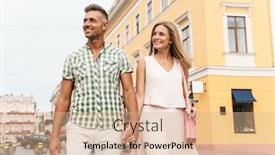  Presentation with walking together - Slide set consisting of image of satisfied young couple in summer clothes smiling and holding hands together while walking through city street background and a coral colored foreground