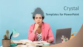  Presentation with desk - Audience pleasing theme consisting of image-of-scared-young-woman backdrop and a light blue colored foreground