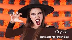  Presentation with scary - Theme enhanced with image of scary witch girl in black halloween costume screaming at camera isolated over orange pumpkin wall background and a tawny brown colored foreground