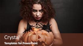  Presentation with scary - PPT theme featuring image of scary witch girl holding halloween carved pumpkin with spiders isolated over gray wall background and a tawny brown colored foreground
