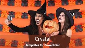  Presentation with black women - Colorful presentation design enhanced with image of scary witch women in black halloween costume taking selfie photo on cellphone with pumpkin isolated over orange wall backdrop and a tawny brown colored foreground