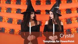  Presentation with black women - Slide deck having image of scary witch women in black halloween costume holding candles isolated over orange pumpkin wall background and a tawny brown colored foreground