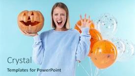  Presentation with blue balloons - Cool new presentation design with image of scary woman screaming and holding halloween carved pumpkin isolated over blue background with air balloons backdrop and a light blue colored foreground