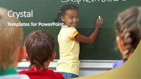  Presentation with classmates - PPT layouts consisting of image of schoolgirl by the blackboard looking at camera through classmates background and a dark gray colored foreground