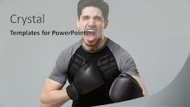  Presentation with boxer - Slide deck enhanced with image of screaming emotional young sportsman boxer standing isolated over grey wall background wearing gloves background and a light gray colored foreground