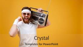  Presentation with tape recorder - PPT theme consisting of image of screaming young man background and a gold colored foreground