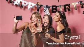  Presentation with pink birthday - Presentation design enhanced with image of seductive party girls in festive dresses taking selfie photo on smartphone while celebrating birthday isolated over pink background background and a tawny brown colored foreground