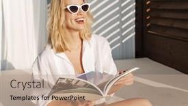  Presentation with hotel - Colorful presentation theme enhanced with image-of-seductive-smiling-woman backdrop and a coral colored foreground