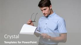  Presentation with wall - Amazing presentation theme having image of serious concentrated business man posing isolated over grey wall background holding clipboard backdrop and a gray colored foreground