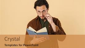  Presentation with beige book - Presentation theme featuring image-of-serious-unshaven-man background and a gold colored foreground