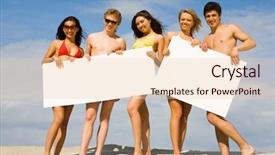  Presentation with posters - Audience pleasing presentation consisting of image of several teens standing in row with blank posters in hands on the beach backdrop and a lemonade colored foreground
