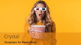  Presentation with movie popcorn - Colorful PPT theme enhanced with image-of-shocked-blonde-woman backdrop and a gold colored foreground