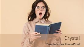  Presentation with beige book - Theme enhanced with image-of-shocked-caucasian-woman background and a coral colored foreground