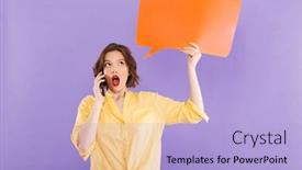  Presentation with purple wall - Audience pleasing PPT layouts consisting of image of shocked excited woman isolated over purple wall background talking by mobile phone holding speech bubble backdrop and a light blue colored foreground