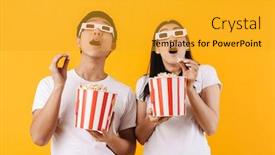  Presentation with popcorn movie - Presentation design featuring image-of-shocked-multinational-couple background and a gold colored foreground