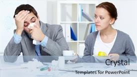  Presentation with secretary - Theme consisting of image of sick businessman and his secretary giving him a cup of tea and lemon in office background and a light blue colored foreground