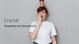  Presentation with takeaway coffee - Cool new slide set with image of sleepy brunette woman yawning with takeaway coffee cup on her head isolated over gray background backdrop and a light gray colored foreground