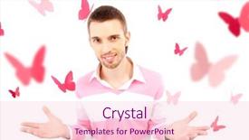  Presentation with butterflies - Cool new PPT theme with image of smart guy looking at camera surrounded by pink paper butterflies backdrop and a lemonade colored foreground