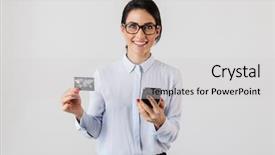  Presentation with smart card - Beautiful PPT theme featuring image of smart office woman backdrop and a light gray colored foreground