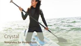  Presentation with paddle out - Slide deck with image of smiling african american woman in wetsuit working out with stand up paddle board on water background and a soft green colored foreground