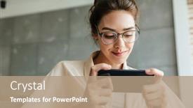  Presentation with mobile home - Slide set featuring image-of-smiling-attractive-woman background and a coral colored foreground