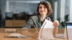  Presentation with writing notes - Cool new slide deck with image-of-smiling-beautiful-woman backdrop and a coral colored foreground