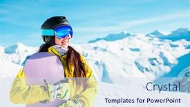  Presentation with snowboard - Amazing slide deck having image of smiling brunette wearing helmet and mask with snowboard on background of snowy hills backdrop and a sky blue colored foreground